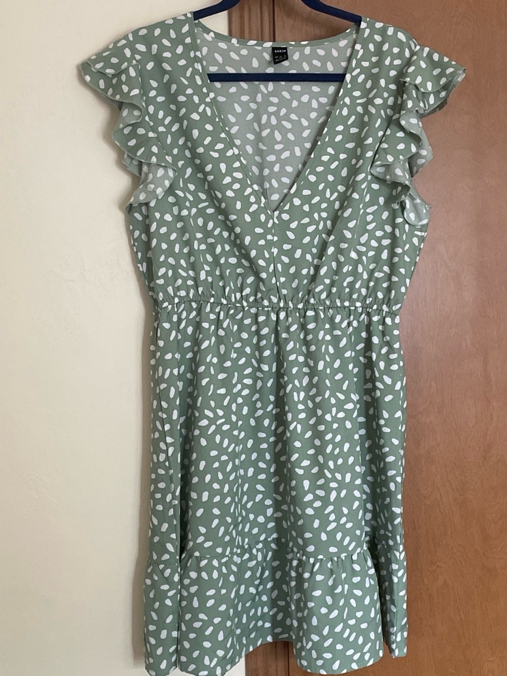 SHEIN Sage Green and White Ruffle Sleeve V-Neck Dress